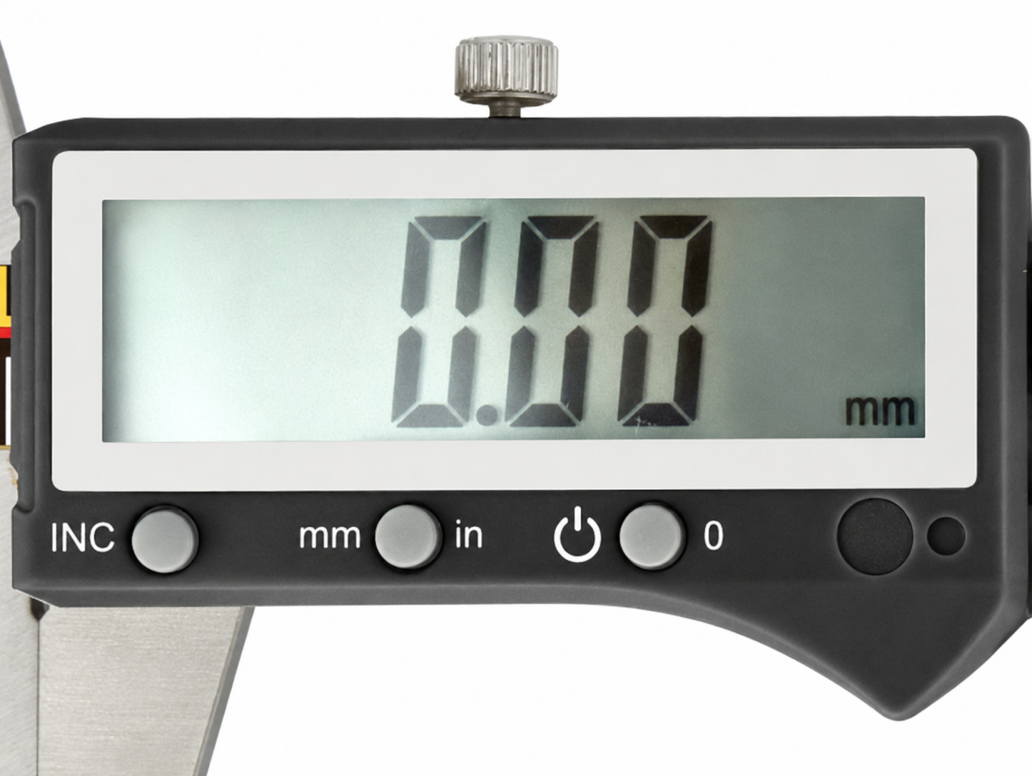 Gros plan du grand écran LCD du pied à coulisse USM CAL 200 : touches INC, mm/in, marche/arrêt et remise à zéro