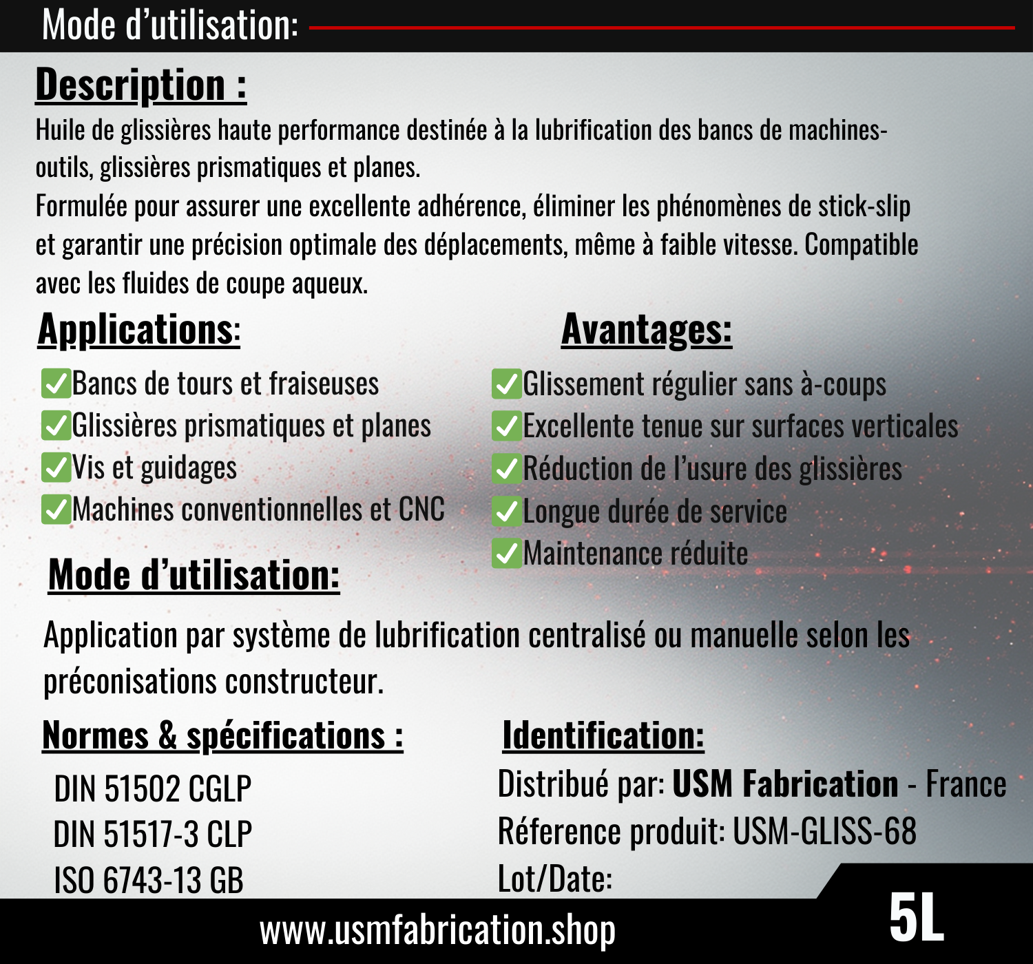 Huile de glissières ISO VG 68 - USM GLISS 68 - 5L / 25L USMfabrication